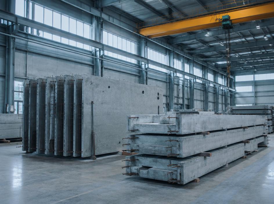 Elemente prefabricate din beton în hala de producție